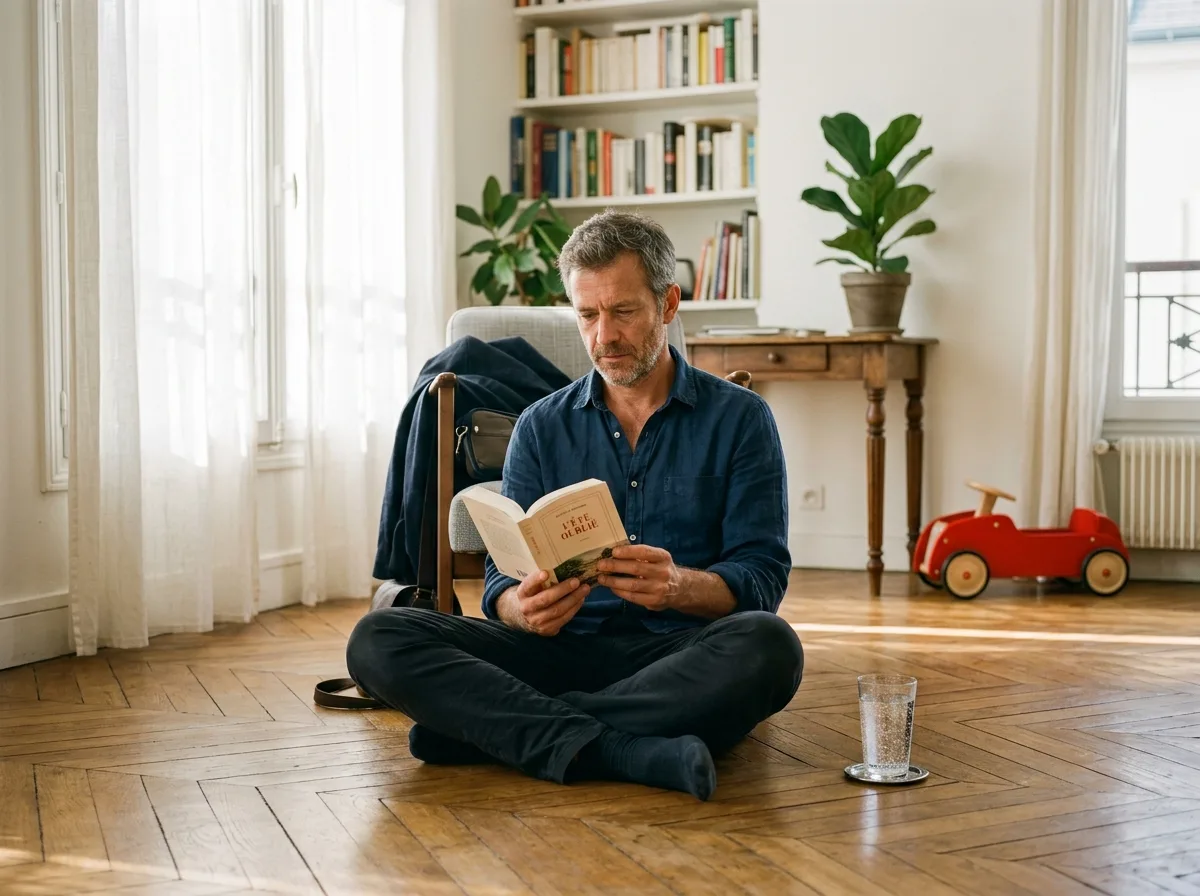 Père solo lisant tranquillement sur le plancher de son appartement baigné de lumière estivale