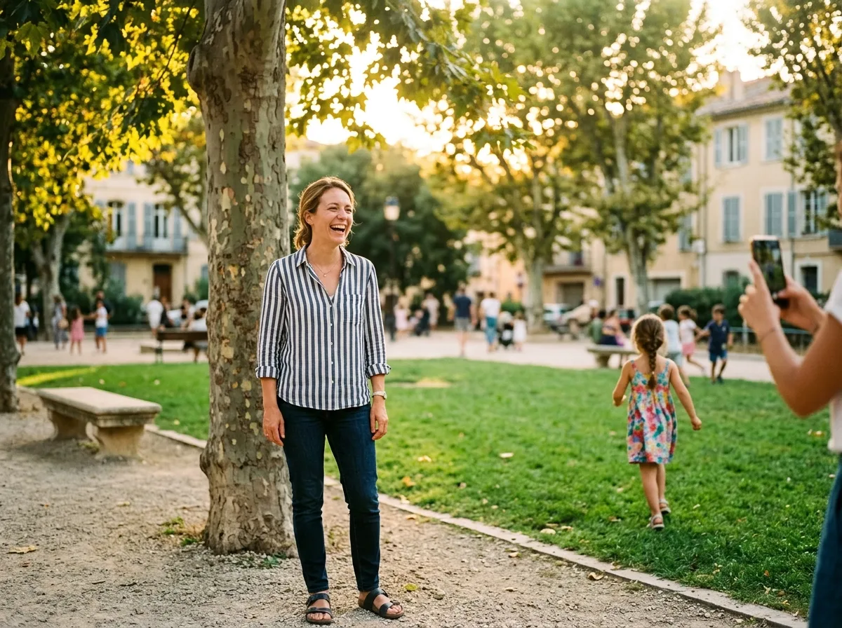 Mère solo riant dans un parc en fin de journée pendant qu'une amie prend sa photo au téléphone