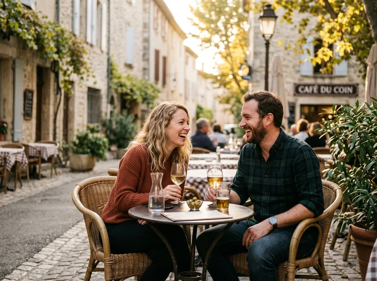 Deux adultes qui rient à une terrasse de café française en fin d'après-midi