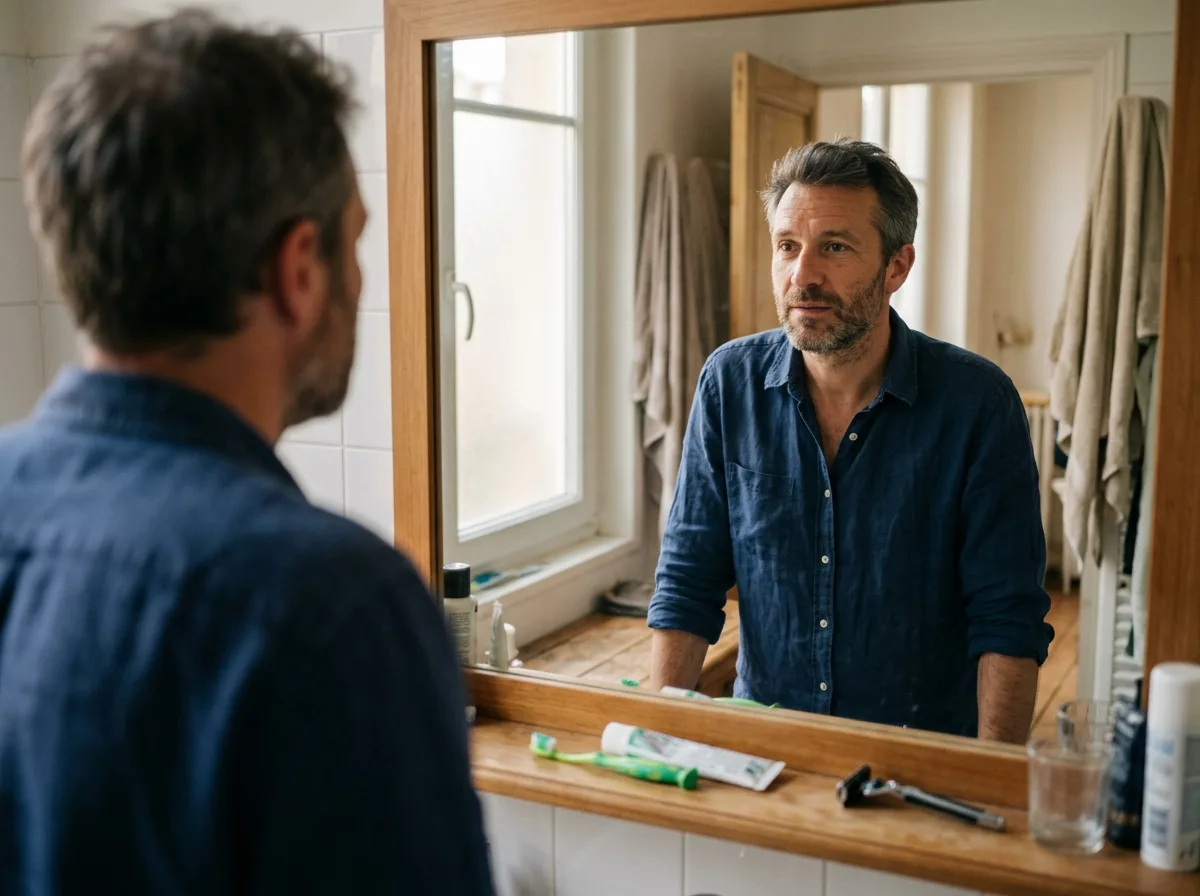 Un homme d'une quarantaine d'années se regarde dans un miroir, lumière douce du matin, expression sincère