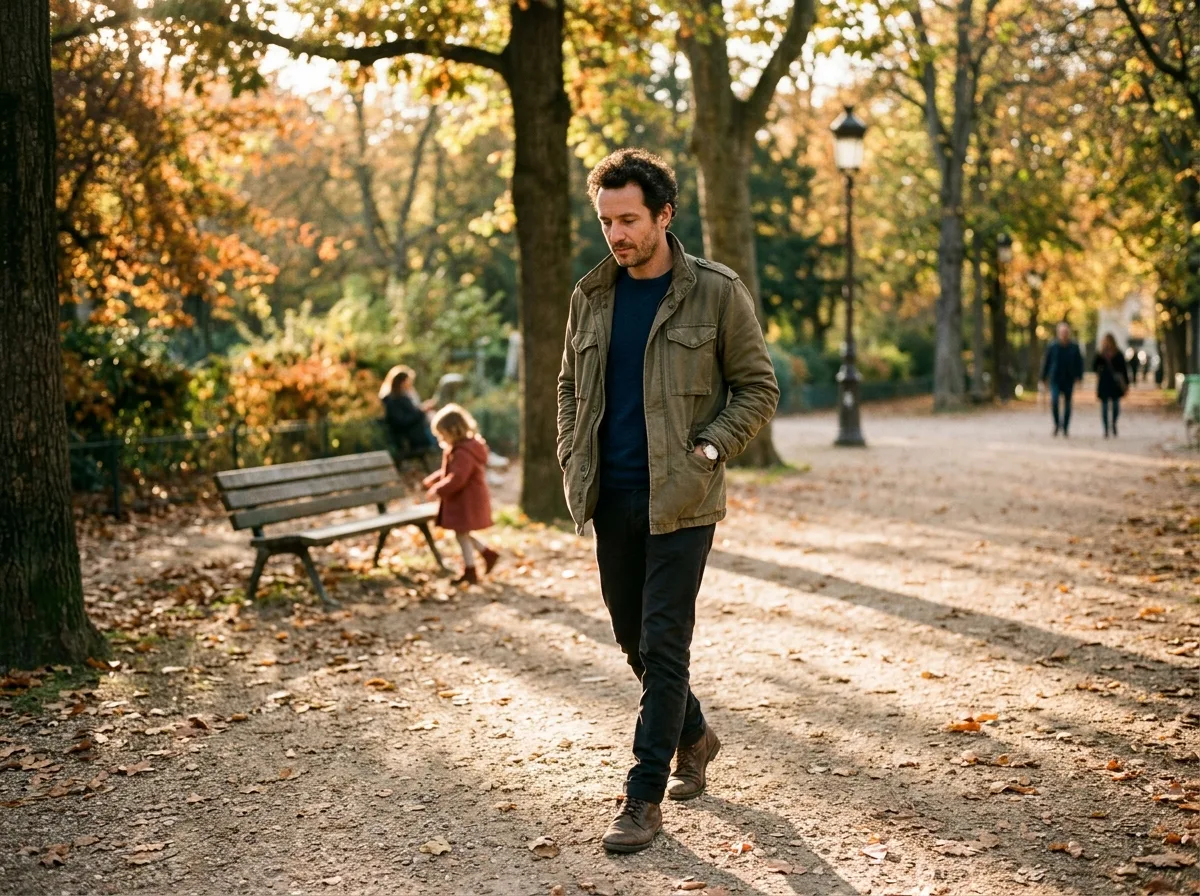 Père solo dans un parc en fin d'après-midi, moment de présence à soi, lumière dorée
