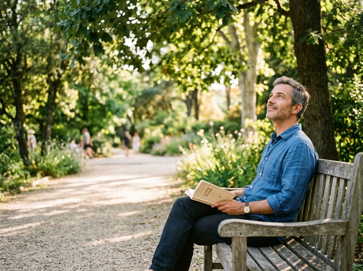 Père solo pensif dans un parc verdoyant, moment de pause estivale