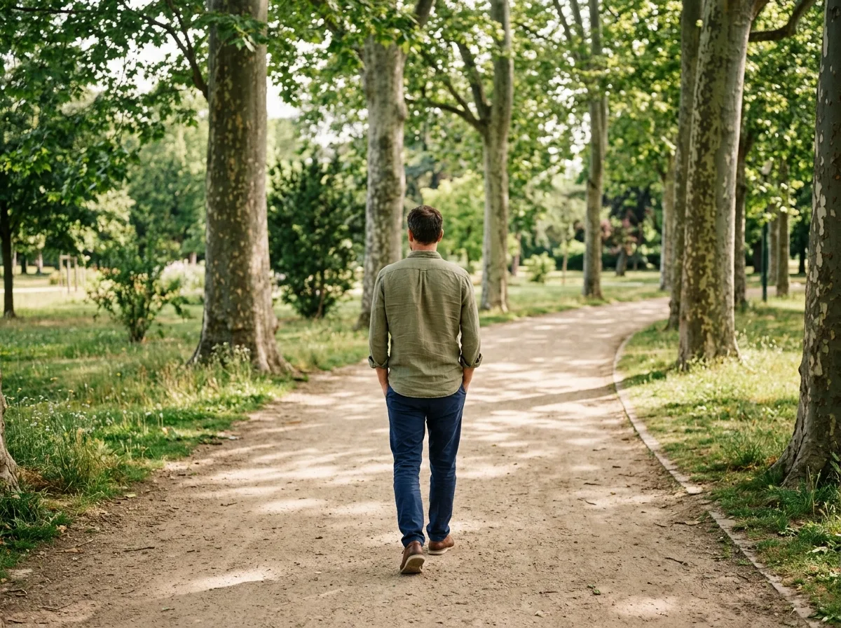 Un père solo se promenant seul dans un parc ensoleillé en été