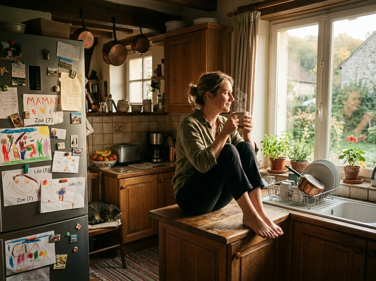 Femme seule dans sa cuisine le matin, café en main, moment de calme et de présence à soi