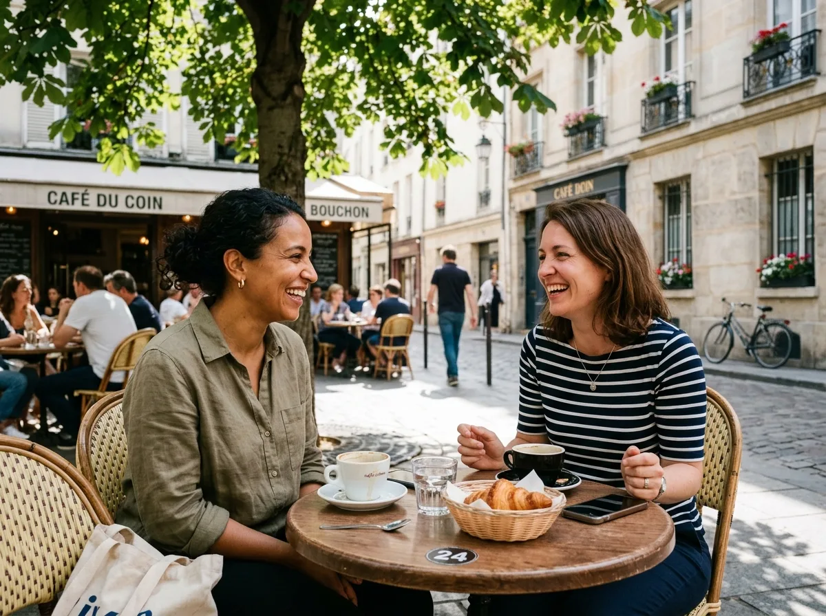 Deux parents solos qui discutent et rient à la terrasse d'un café en été