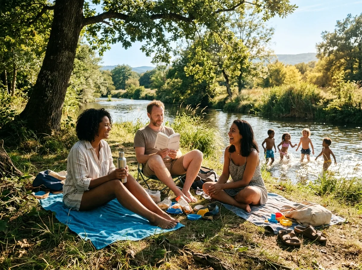Parents solos détendus au bord de l'eau, enfants qui jouent en arrière-plan sous le soleil d'été