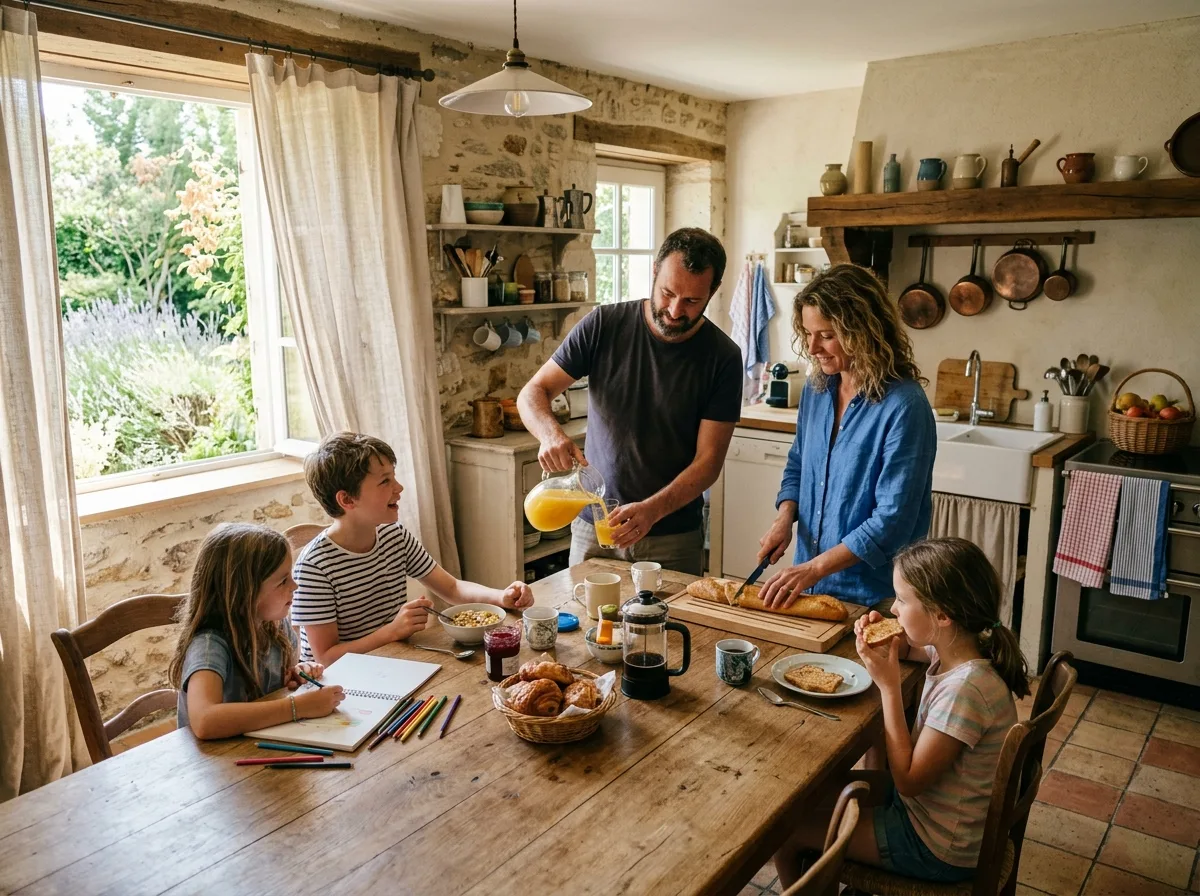 Deux familles monoparentales préparent le petit-déjeuner ensemble dans la cuisine d'un gîte ensoleillé
