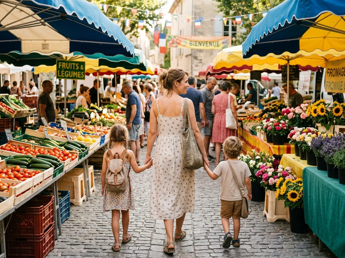 Mère solo se promenant avec ses enfants de dos dans un marché estival français animé