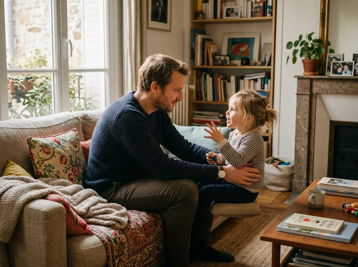 Père solo écoutant son enfant sur le canapé, moment de dialogue calme