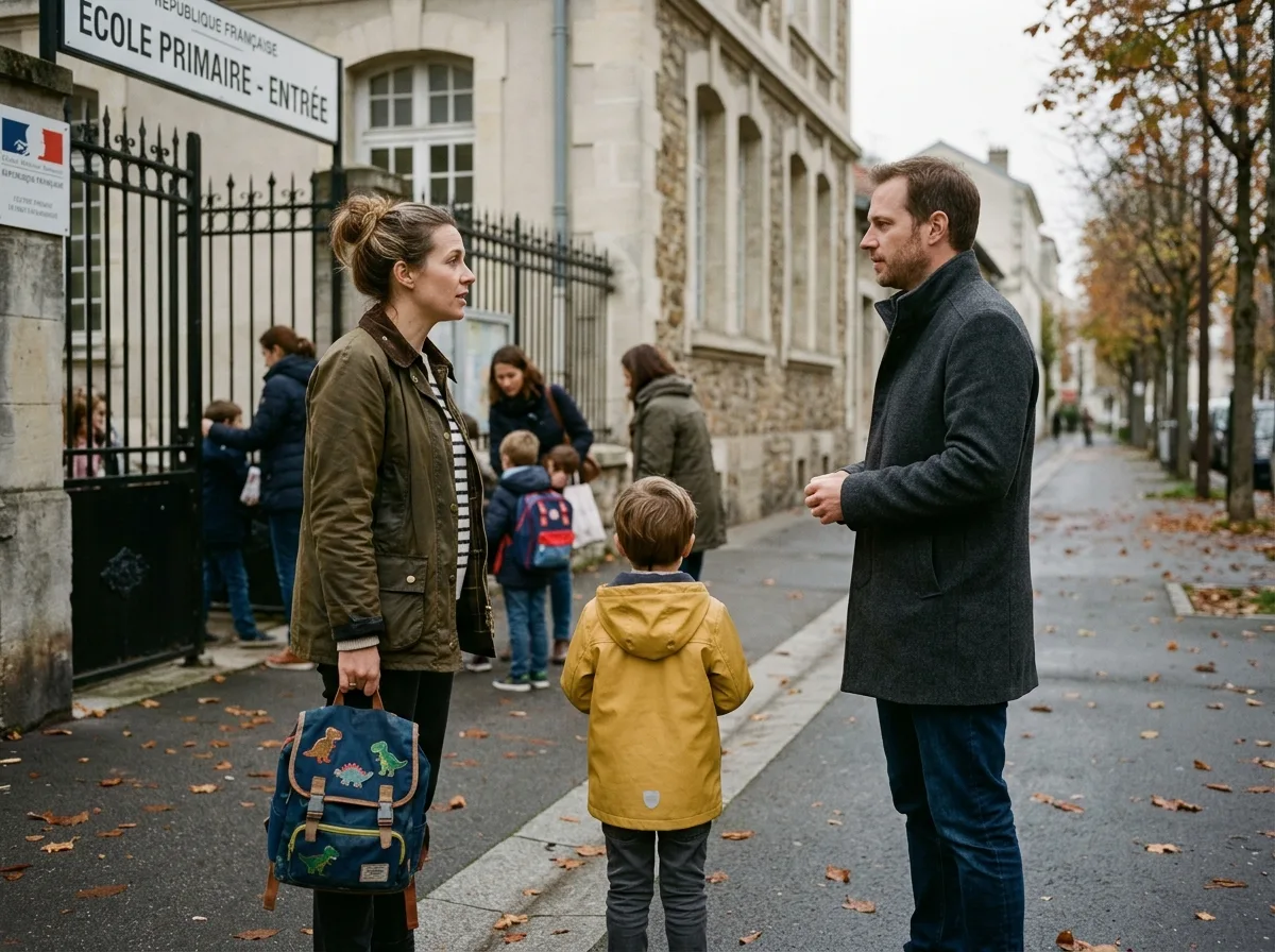 Deux coparents qui se parlent brièvement devant l'école, enfant de dos entre eux