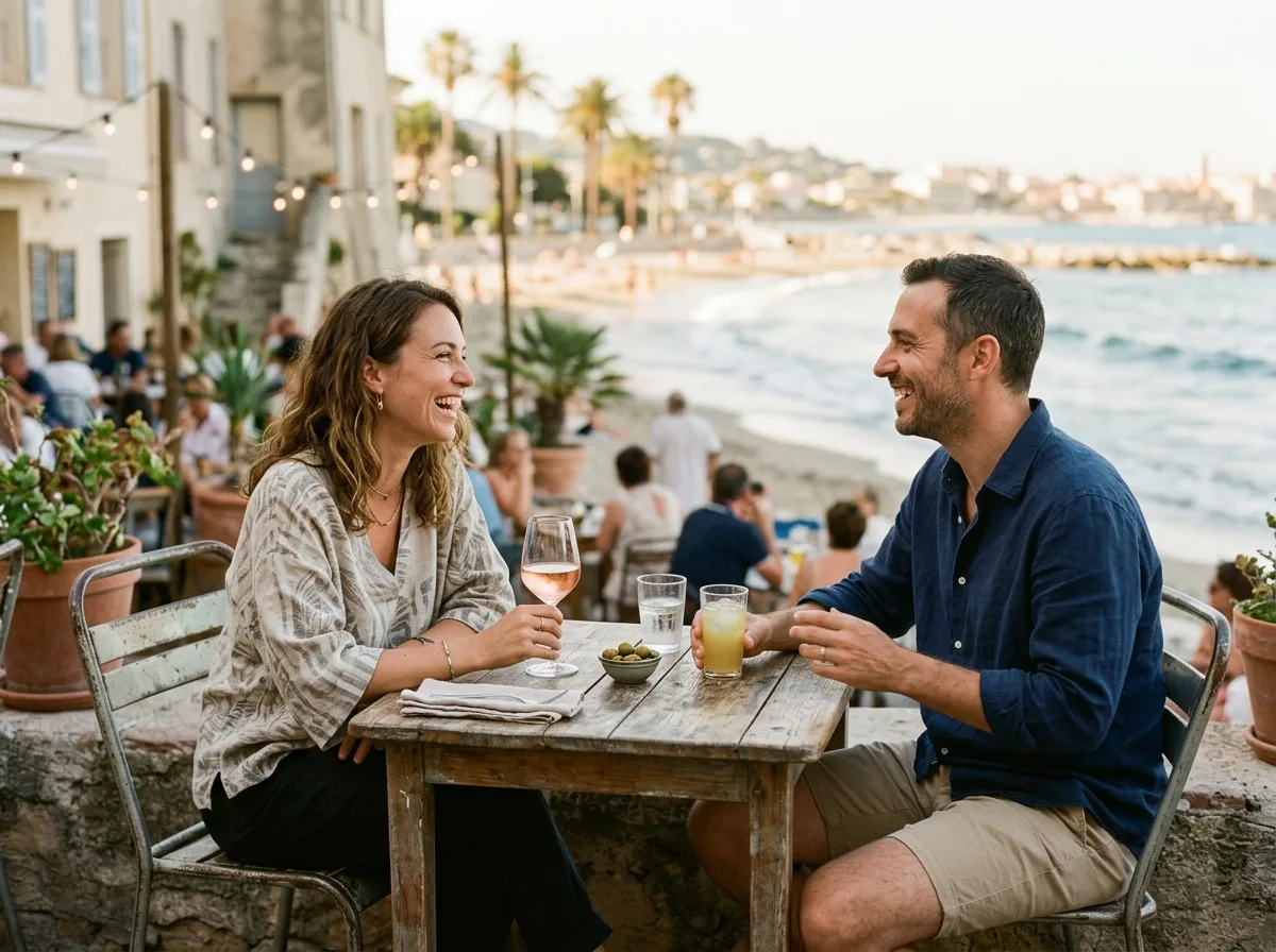 Deux adultes qui discutent et rient en terrasse près d'une plage française en été