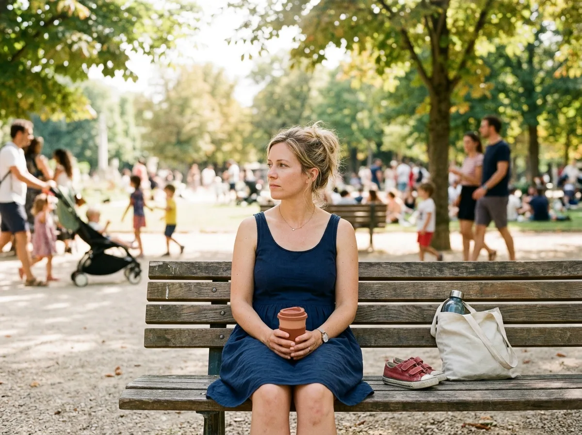 Mère solo seule sur un banc de parc entourée de familles un samedi d'été