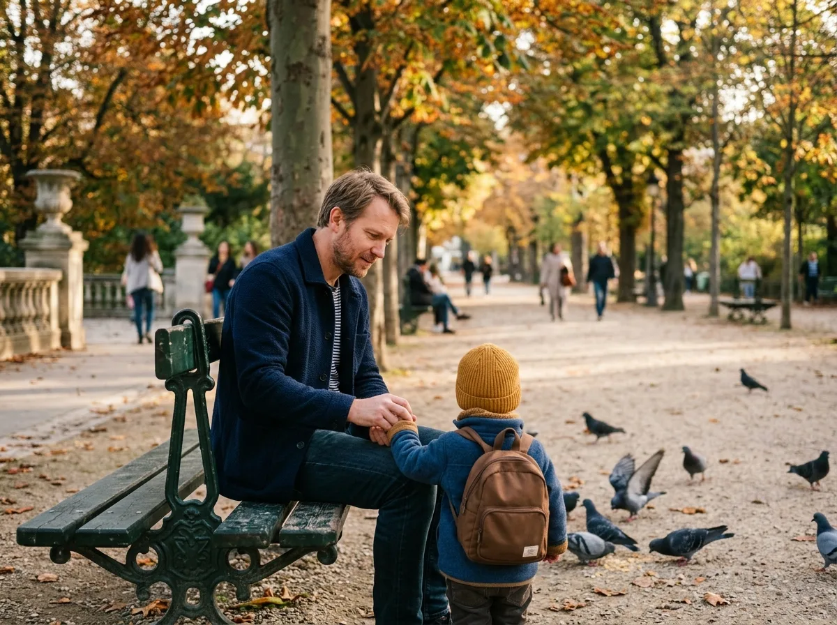 Père solo tenant la main de son enfant de dos dans un parc, lumière dorée