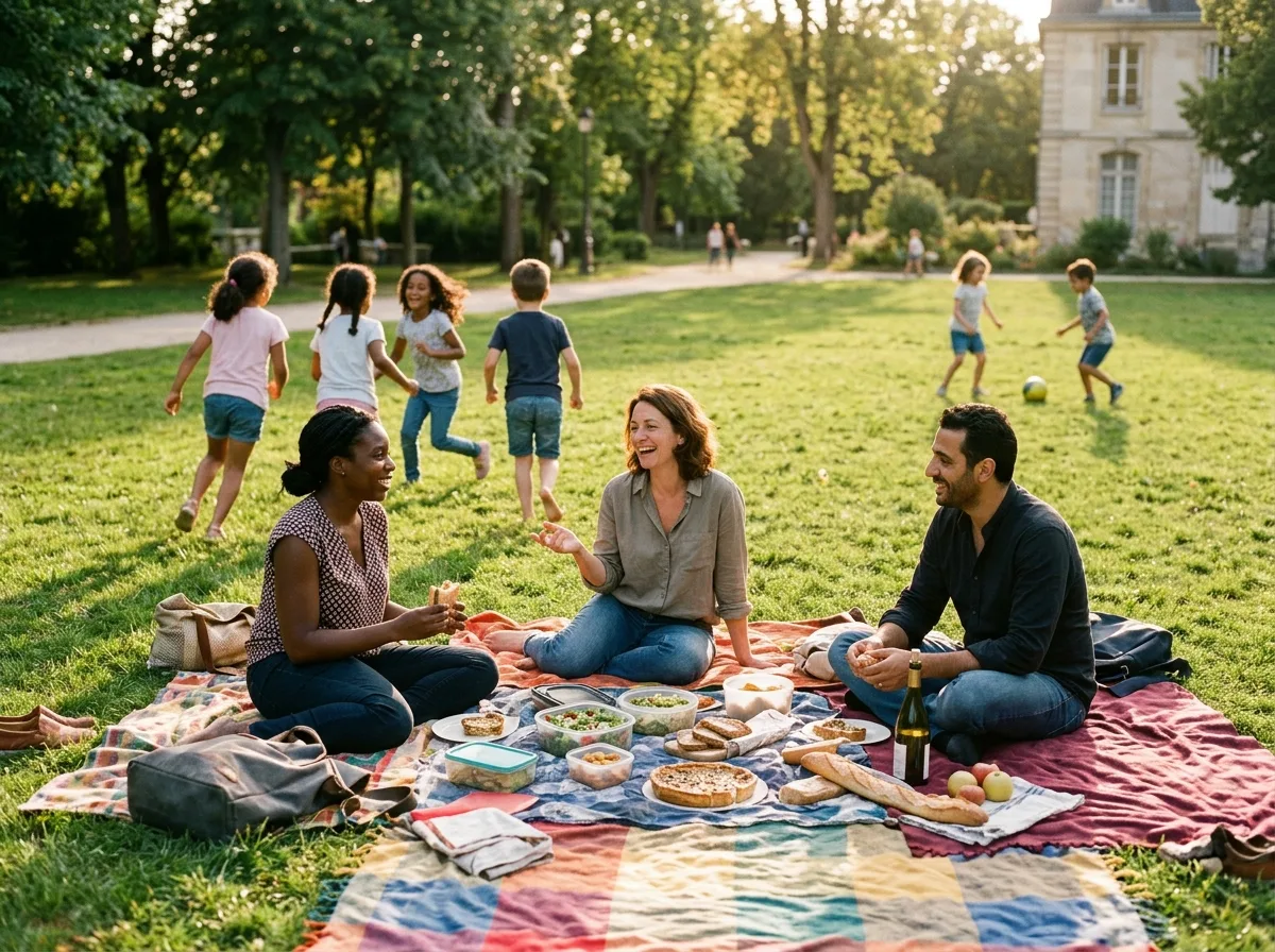Groupe de familles monoparentales réunies pour un pique-nique convivial au parc