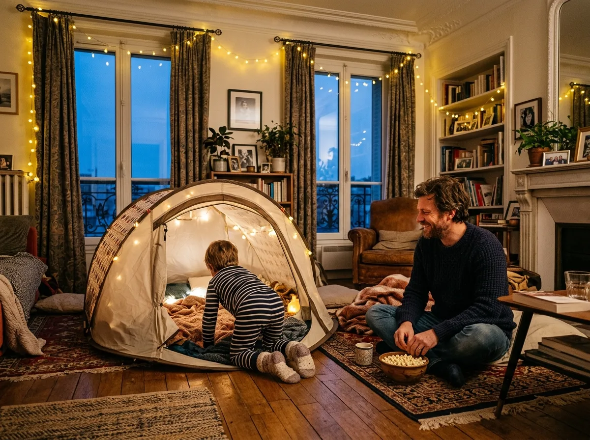 Papa solo et enfant en camping improvisé dans le salon un soir d'été