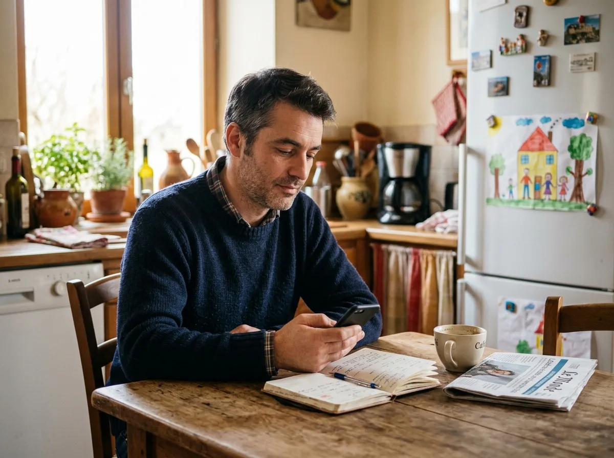 Un père solo planifiant son agenda dans sa cuisine le matin