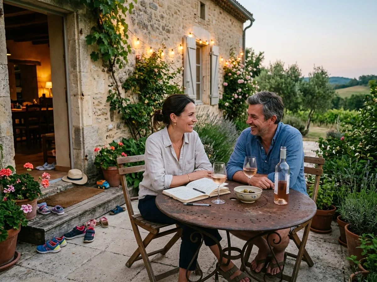 Deux parents solos discutent calmement en terrasse le soir, verres de rosé à la main