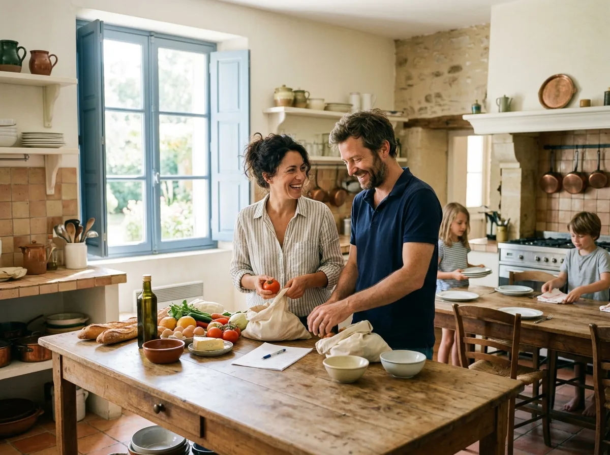 Un père et une mère solos préparent les courses ensemble dans la cuisine de vacances