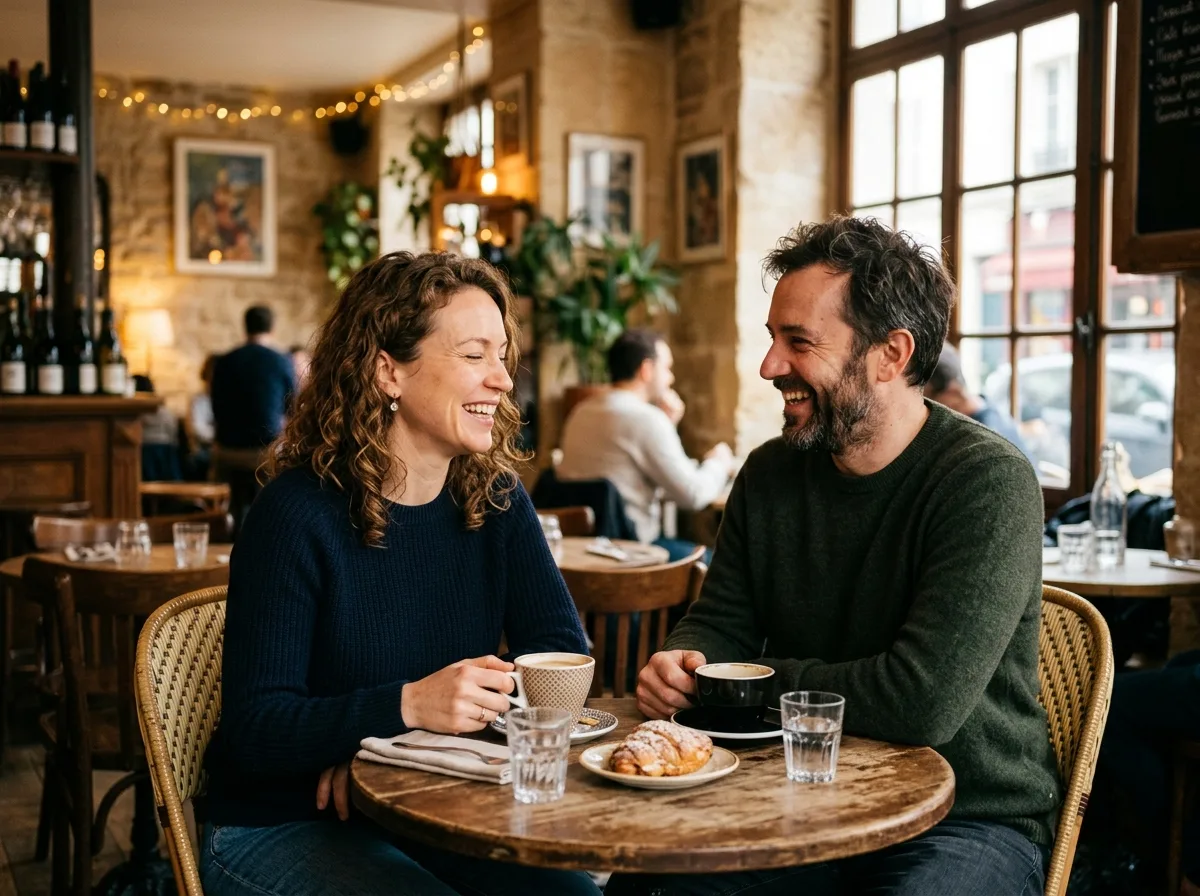 Un homme et une femme qui discutent en riant autour d'un café dans un bistrot chaleureux