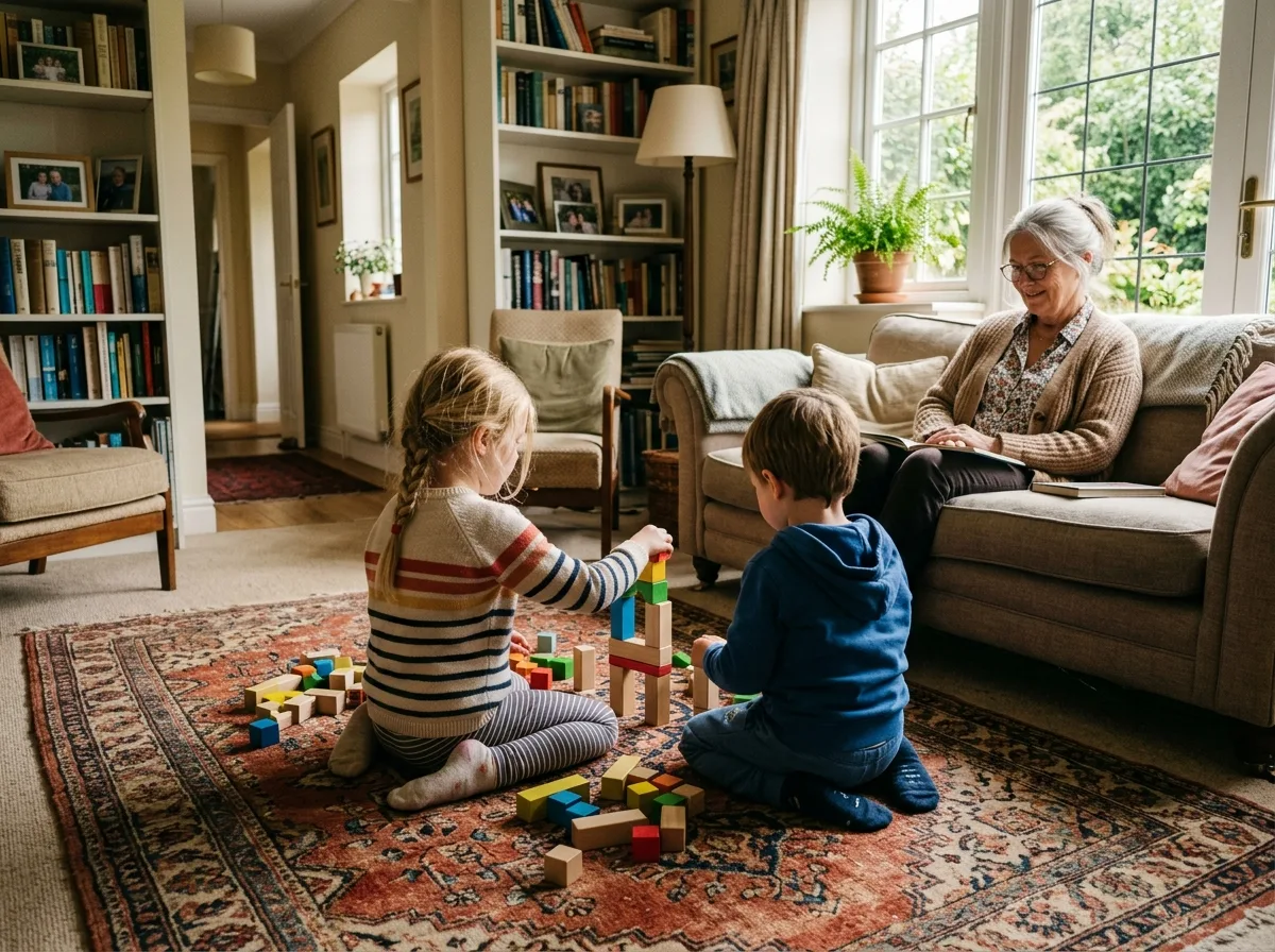 Une grand-mère garde deux enfants à la maison pendant une soirée parent solo