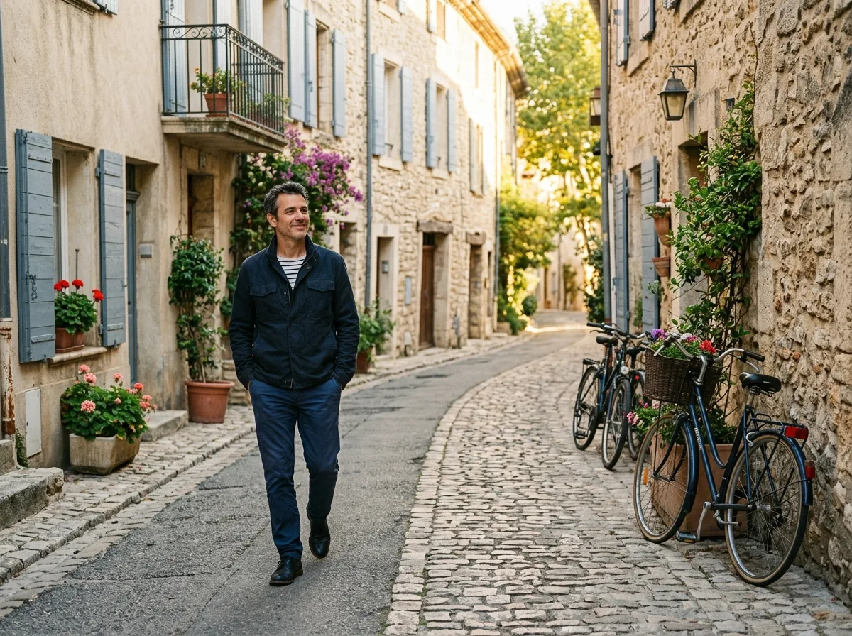 Homme seul se promenant dans une rue de quartier français à la lumière dorée du soir