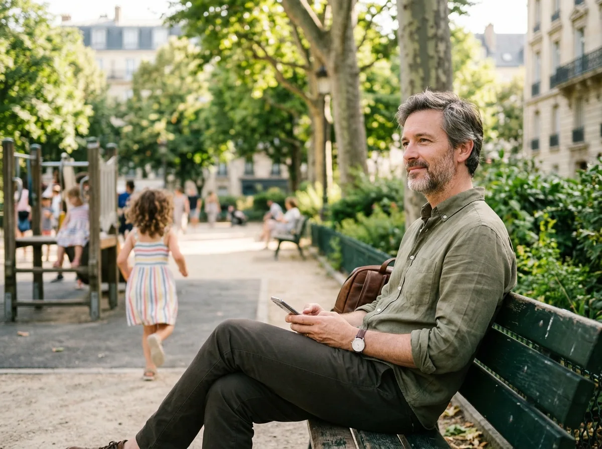 Père solo souriant dans un parc d'été, enfant jouant en arrière-plan