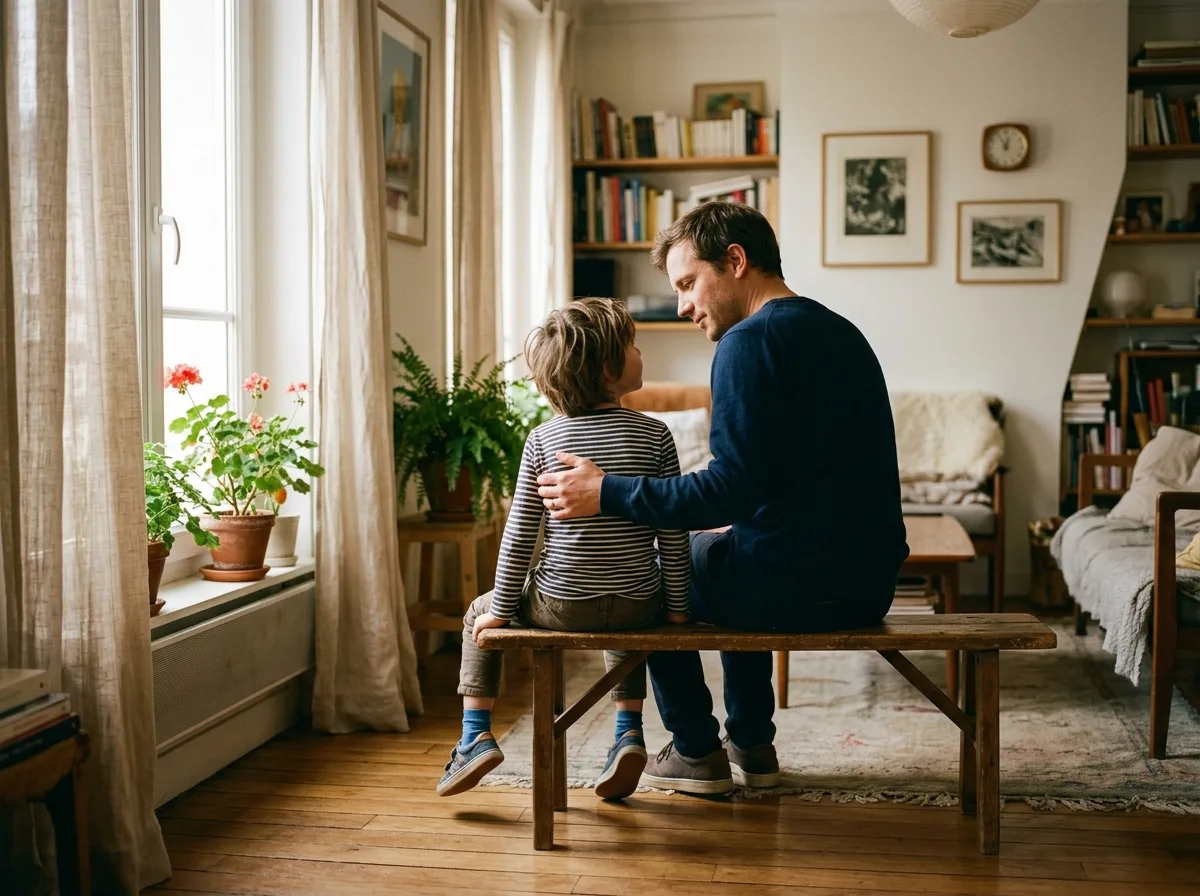 Père et enfant assis côte à côte dans un salon lumineux, moment de conversation intime