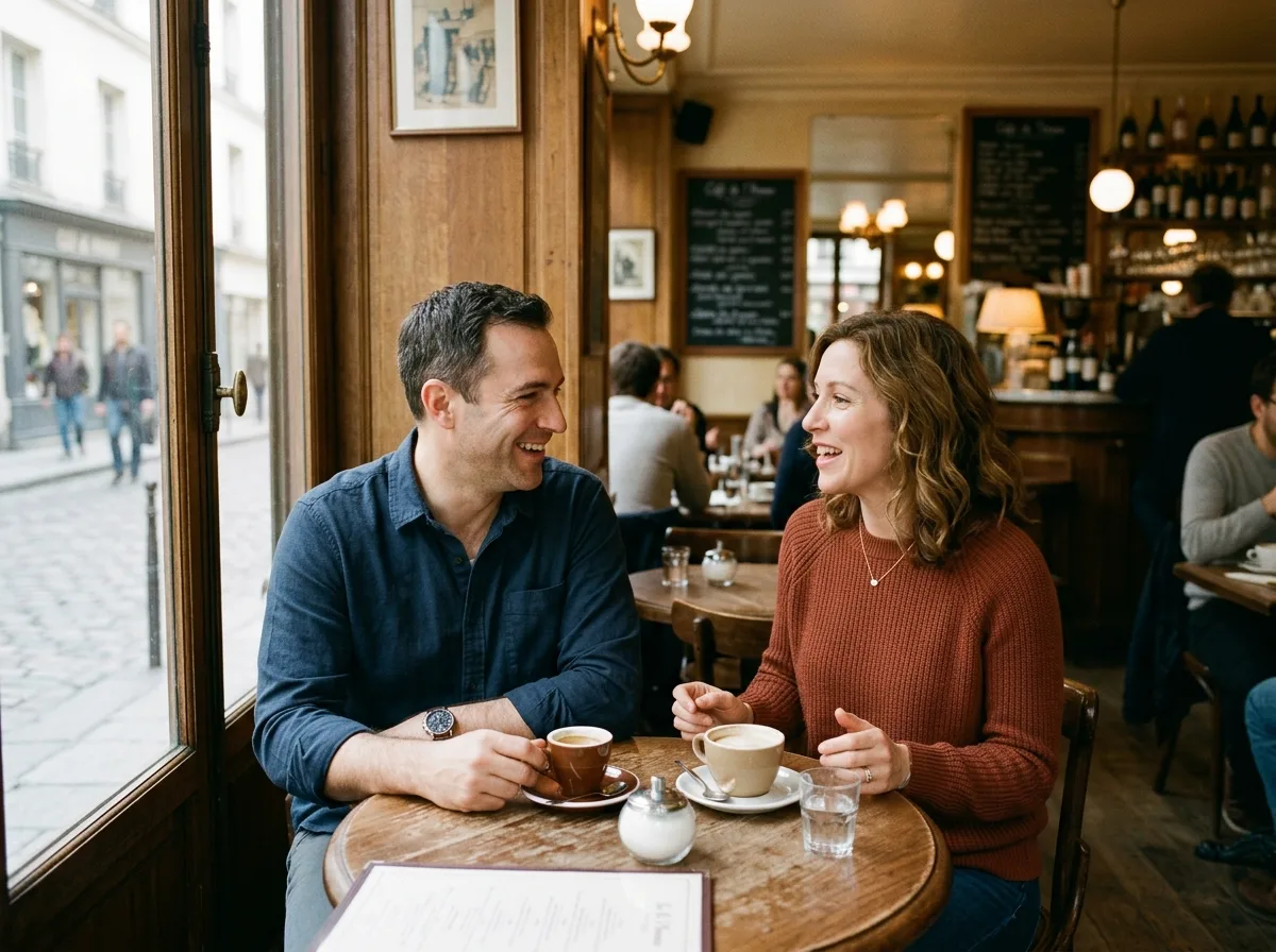 Un homme et une femme discutent tranquillement dans un café, lumière douce de l'après-midi