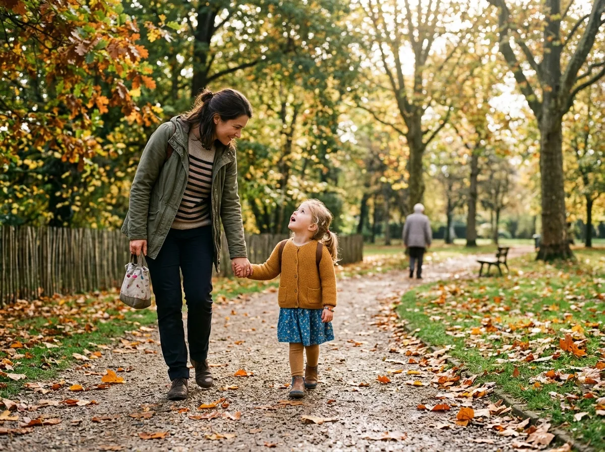 Mère et enfant main dans la main dans un parc en automne, moment de complicité douce