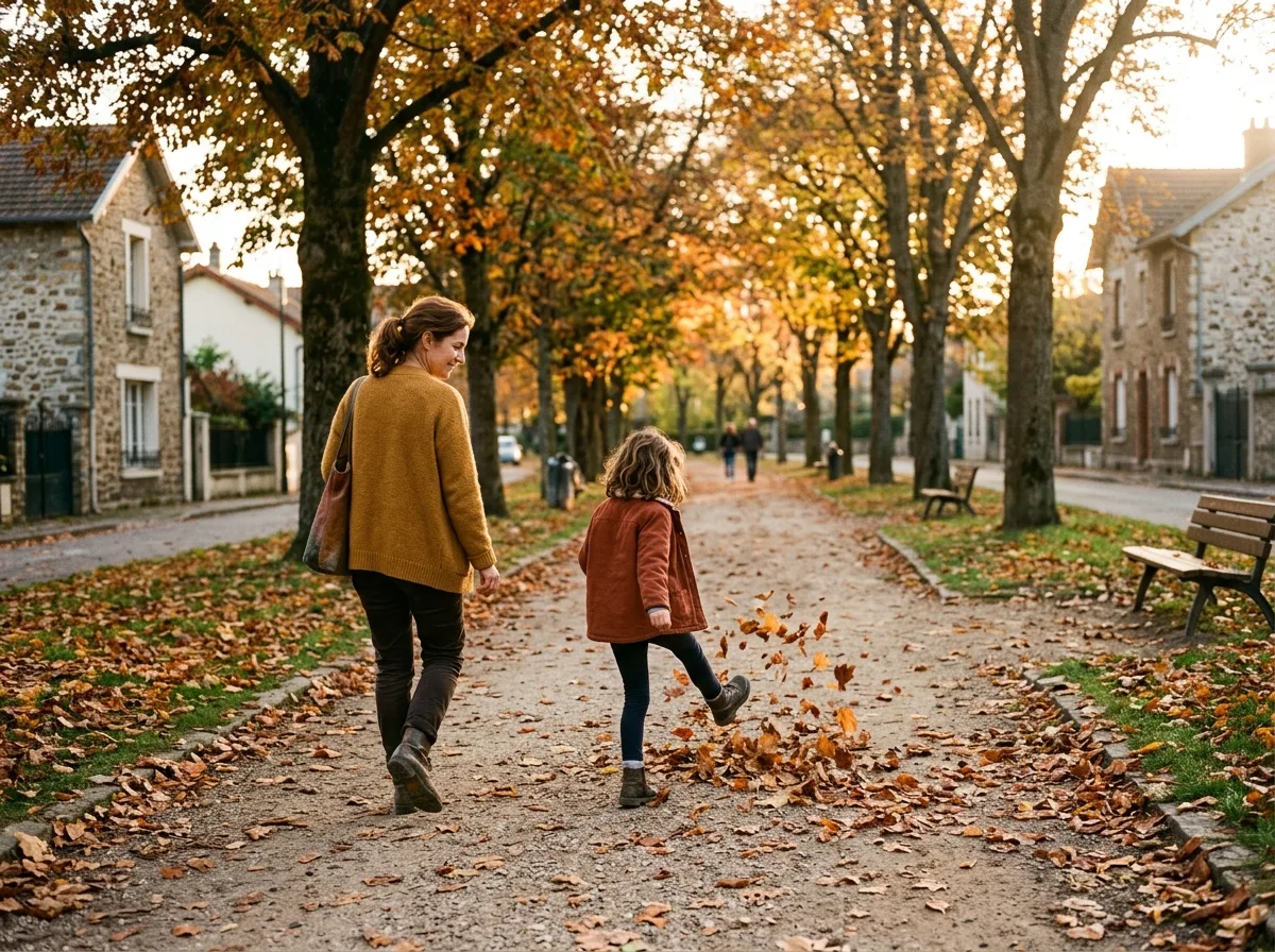 Parent et enfant de dos en promenade dans un parc français à la lumière de fin d'après-midi