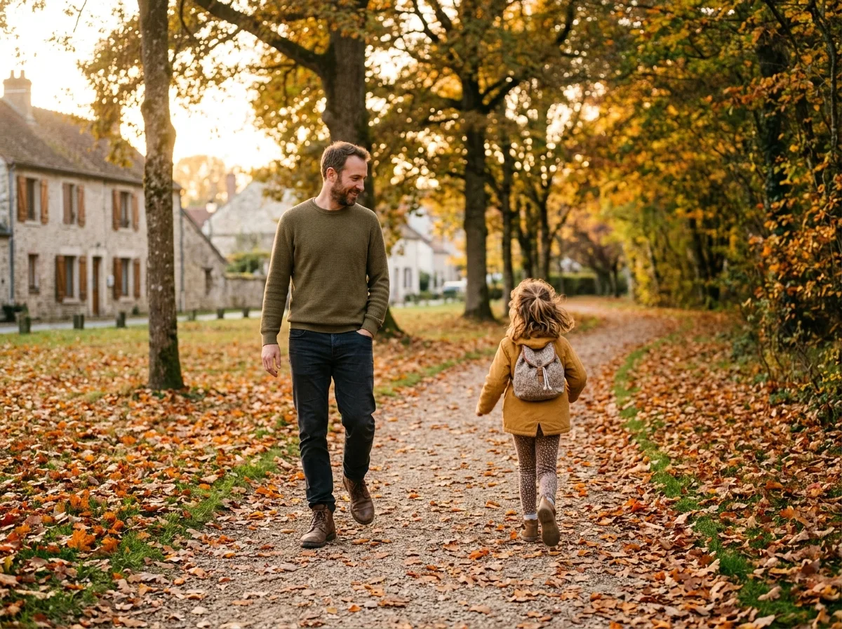 Père solo se promenant sereinement avec son enfant dans un parc en automne