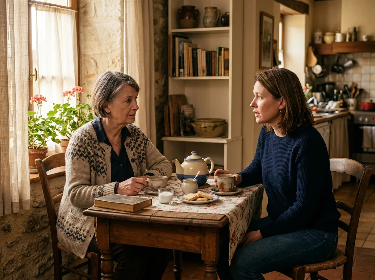Mère et fille en conversation sincère autour d'un thé dans un intérieur cosy