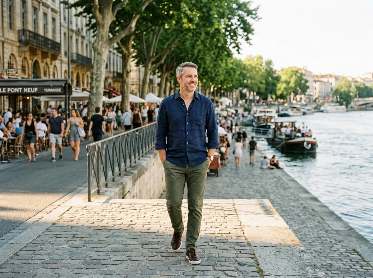 Père solo se promenant seul au bord de l'eau en été, air détendu et libre