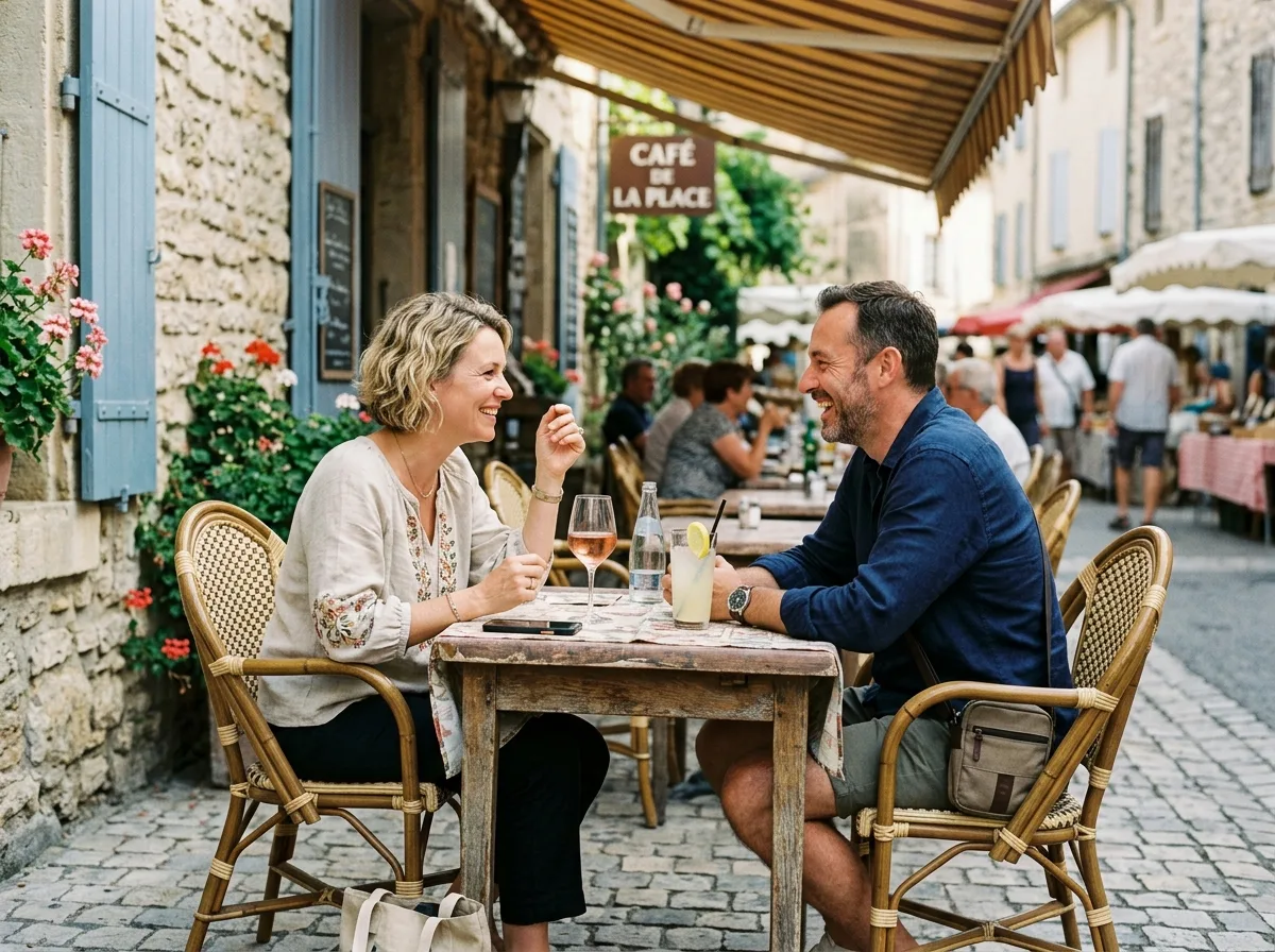 Deux parents solos en conversation complice autour d'un café en terrasse l'été