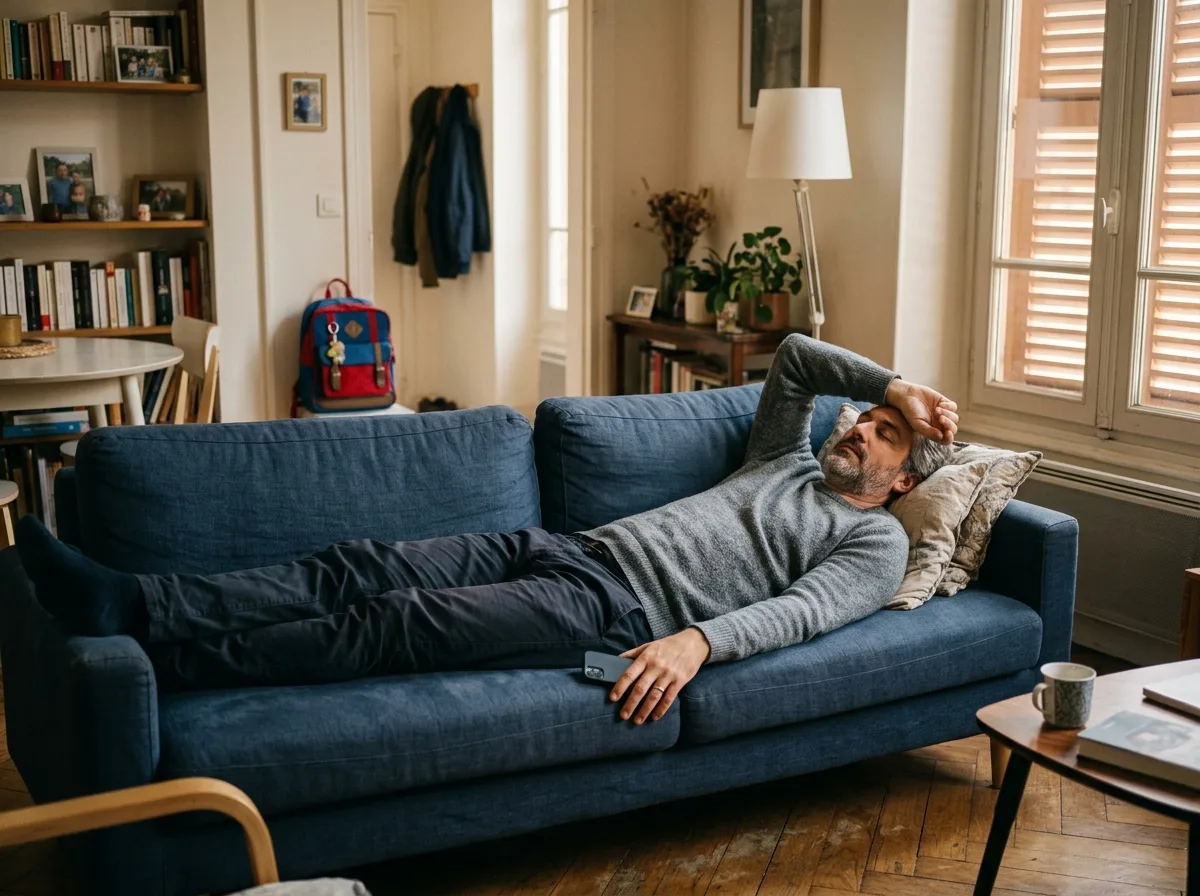 Père solo se reposant paisiblement sur son canapé pendant l'absence de ses enfants