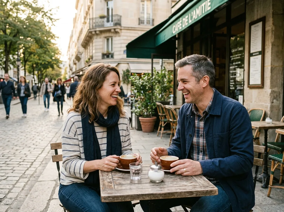 Deux parents solos qui rient ensemble autour d'un café en terrasse