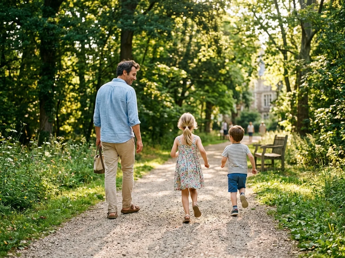 Père solo se promenant avec ses enfants dans un parc en été