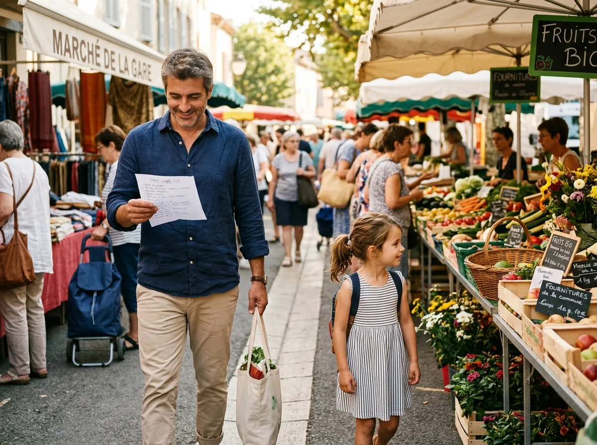 Père solo faisant les courses de fournitures scolaires avec son enfant en fin d'été