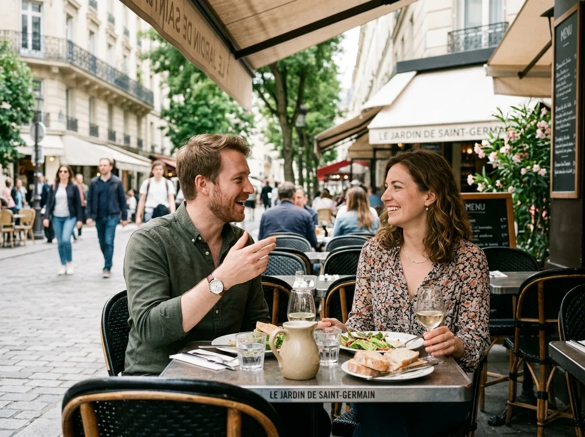 Un homme et une femme sur une terrasse parisienne pour un déjeuner en tête-à-tête