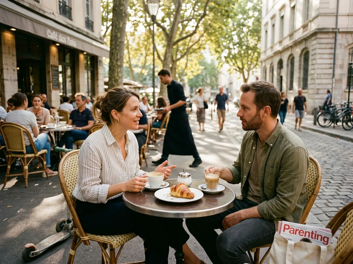 Deux parents solos en conversation complice à la terrasse d'un café français ensoleillé