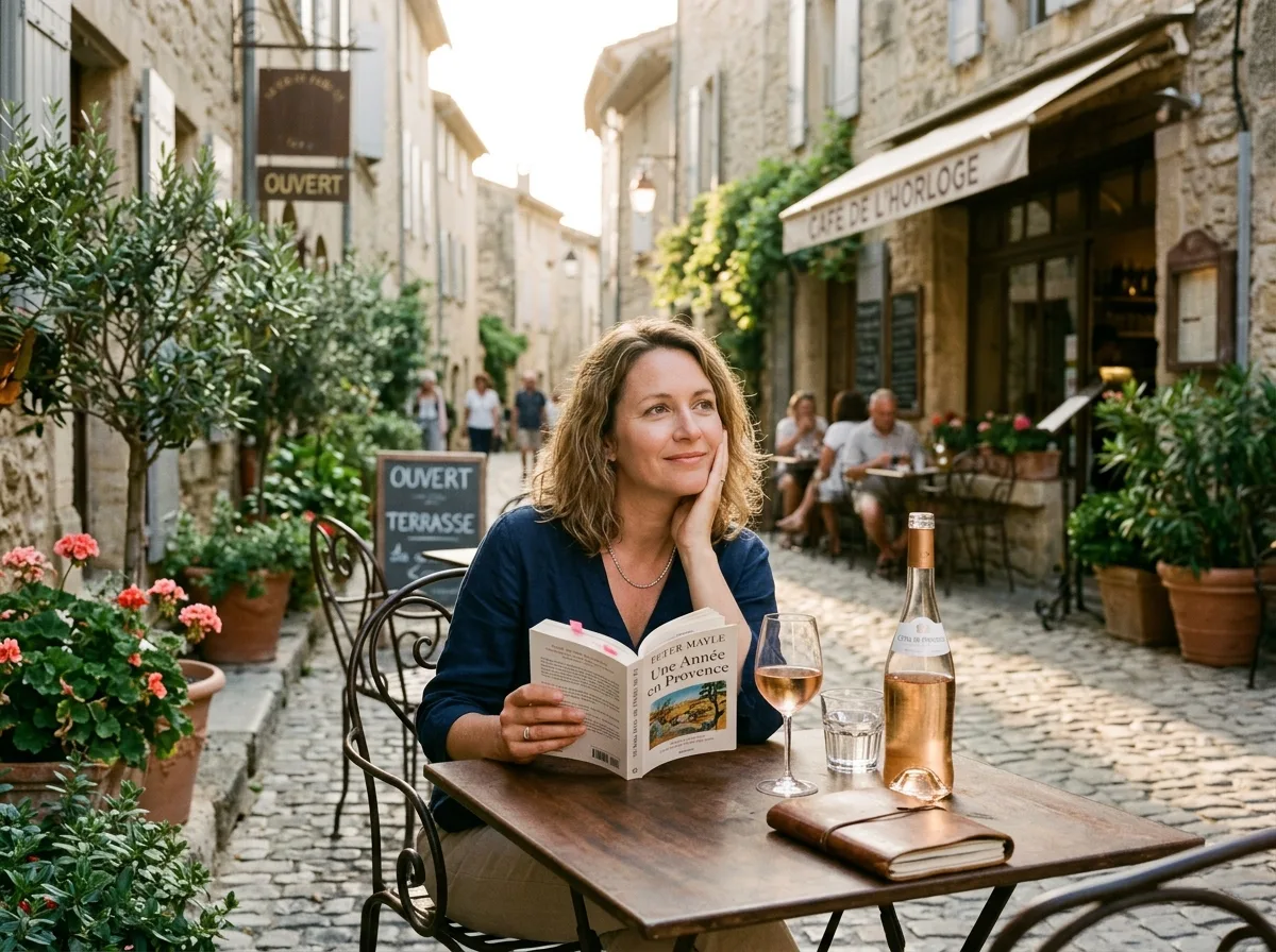 Femme seule épanouie en terrasse de café pendant sa quinzaine sans enfants