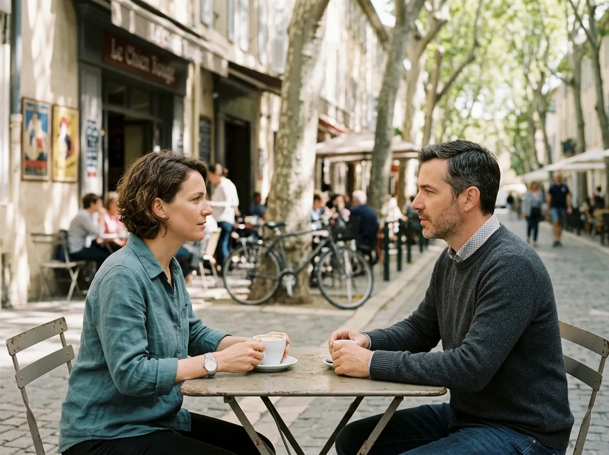 Un homme et une femme discutent calmement en terrasse de café, en coparentaux.