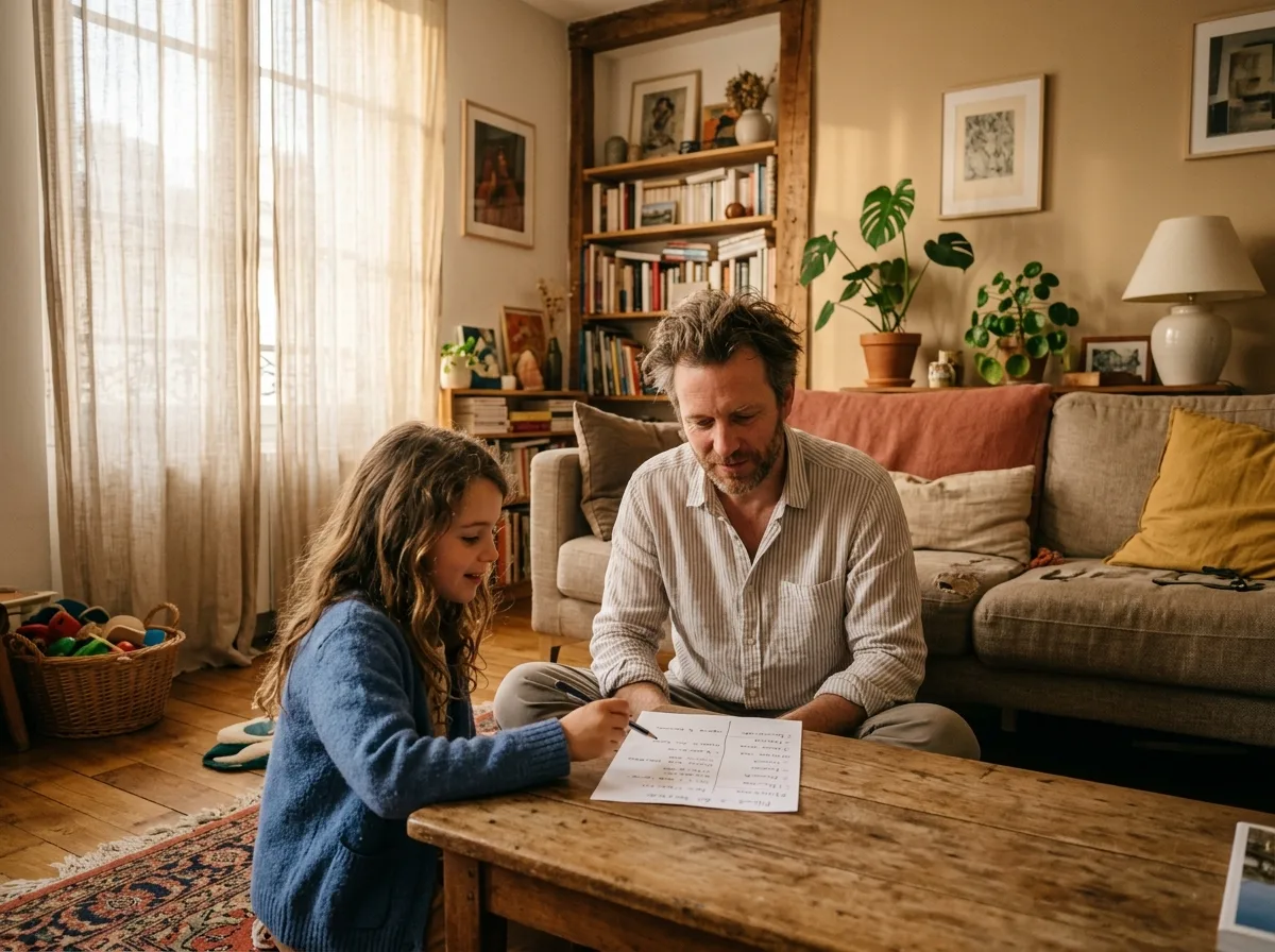 Père et fille assis ensemble sur le sol, regardant une liste de repères maison.