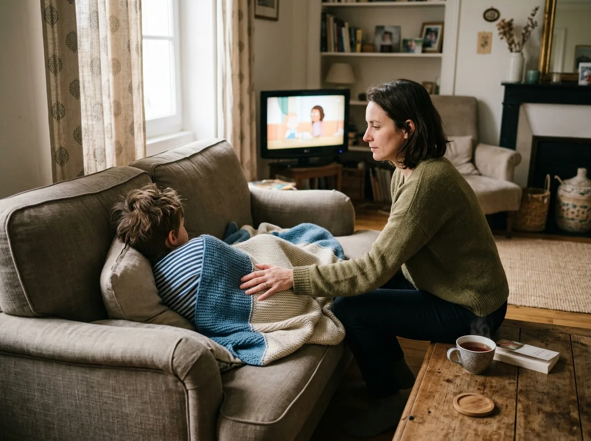 Parent solo auprès de son enfant malade sur le canapé, moment de calme