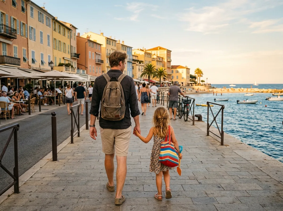 Papa solo et enfant de dos sur une promenade balnéaire française en été