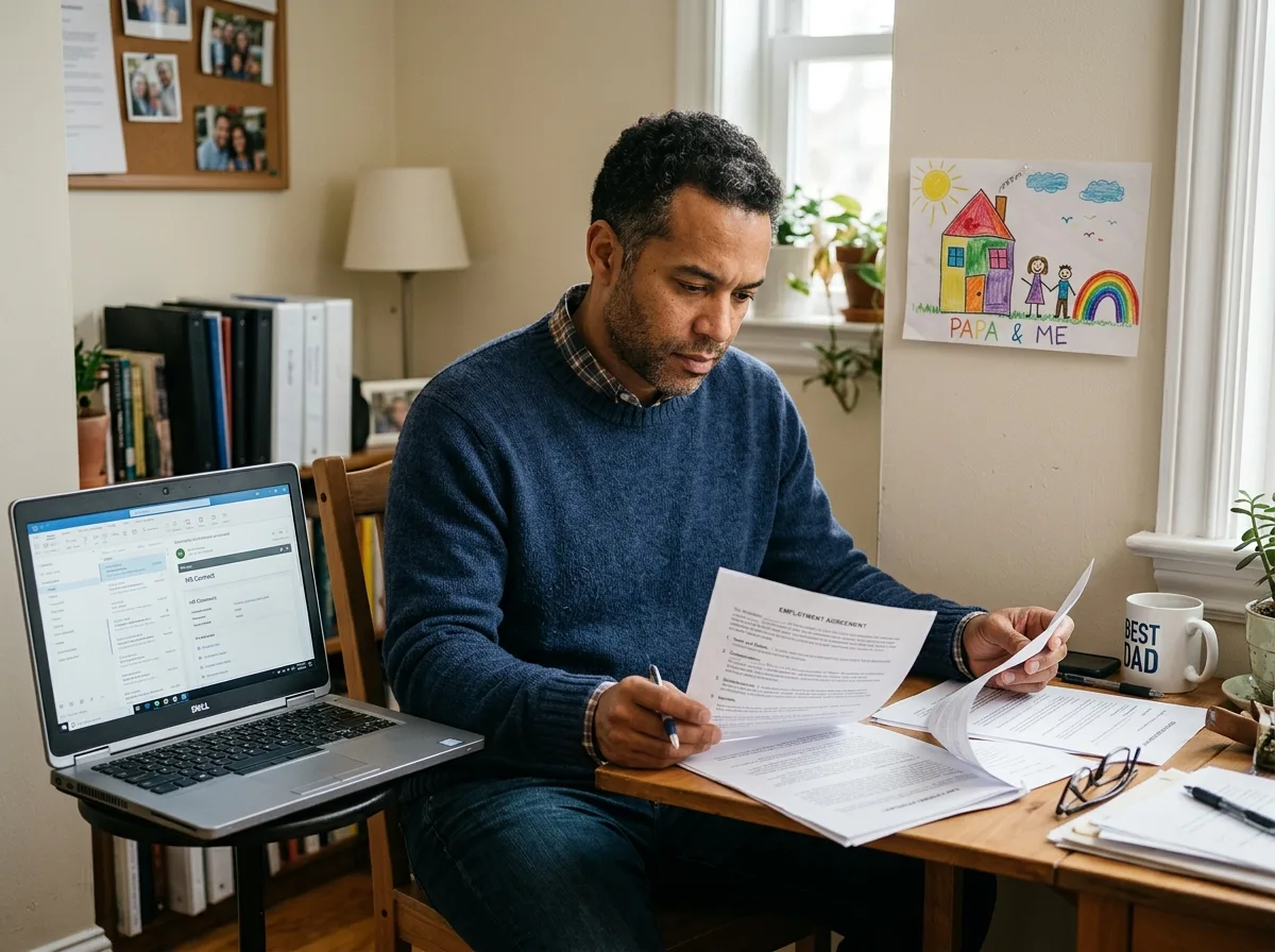 Père solo consultant ses droits salariaux à son bureau à domicile