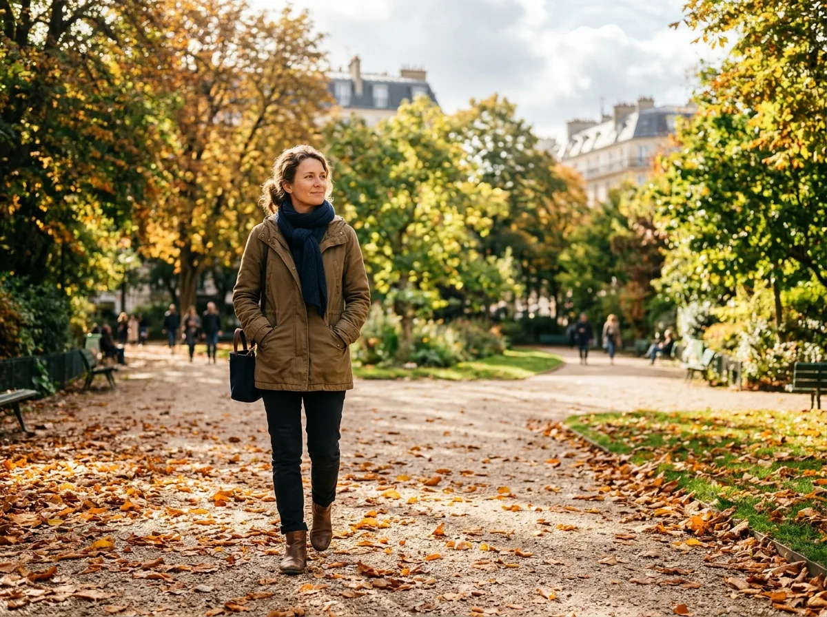Femme seule dans un parc ensoleillé, regard apaisé, lumière d'automne dorée