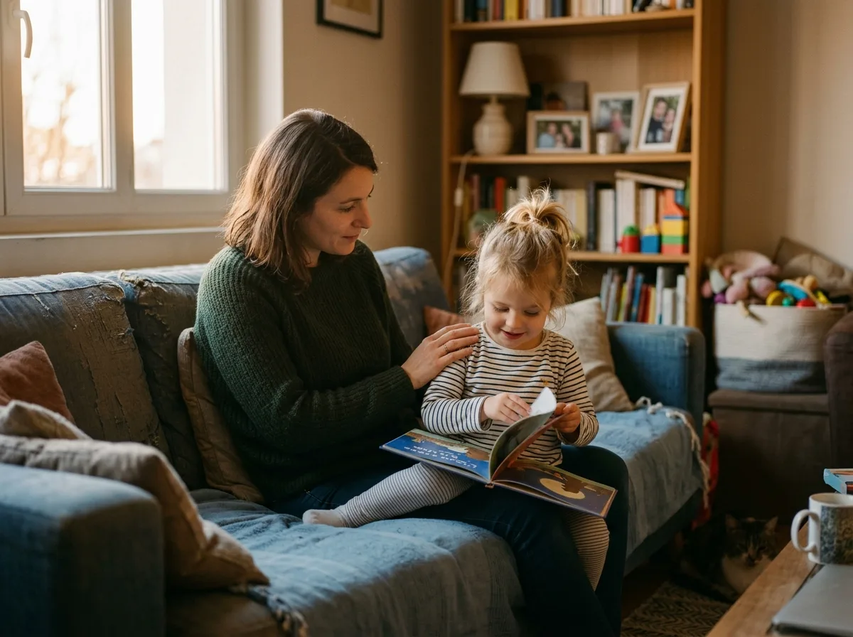 Parent et enfant côte à côte sur un canapé, moment de complicité tranquille