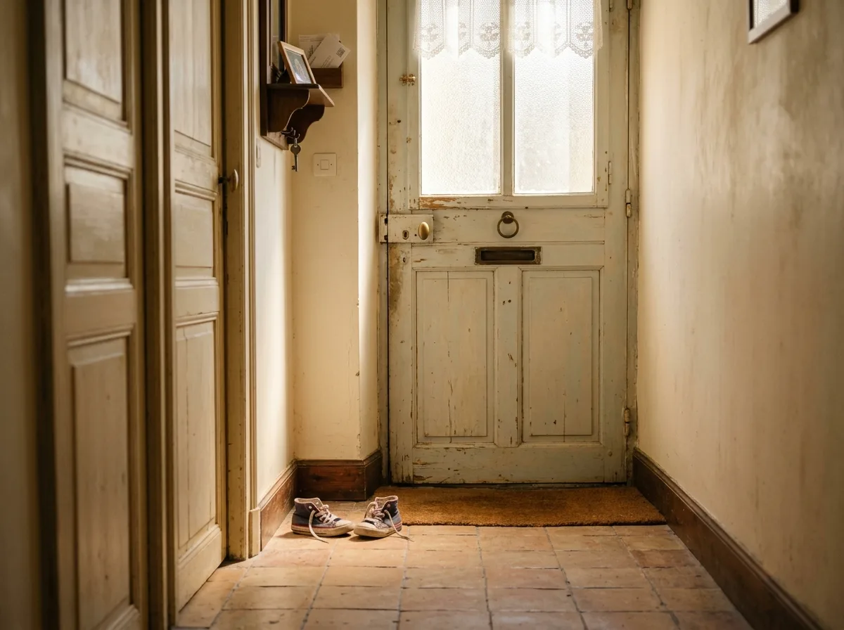 Couloir d'appartement silencieux avec de petites chaussures d'enfant près de la porte d'entrée