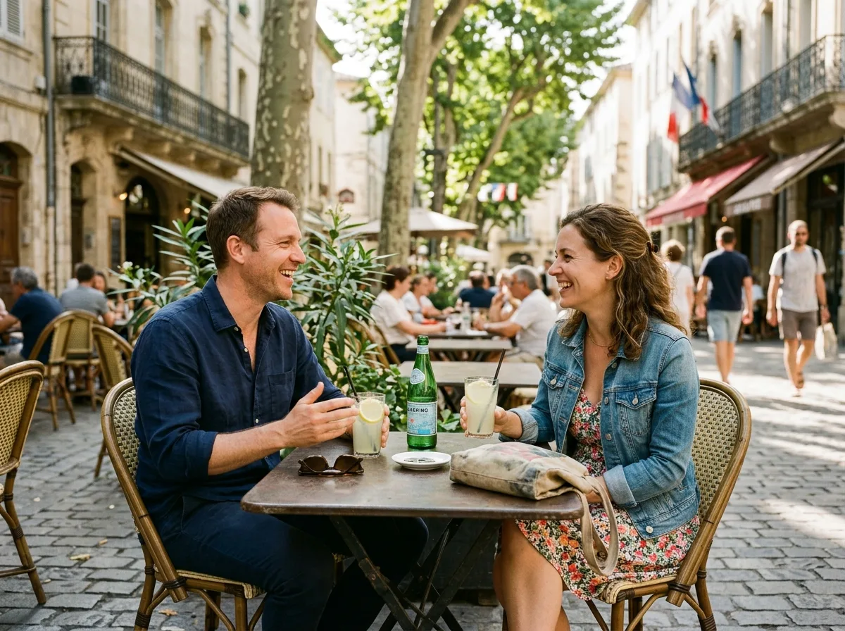 Un homme et une femme parents solos discutent en souriant en terrasse d'un café français ensoleillé